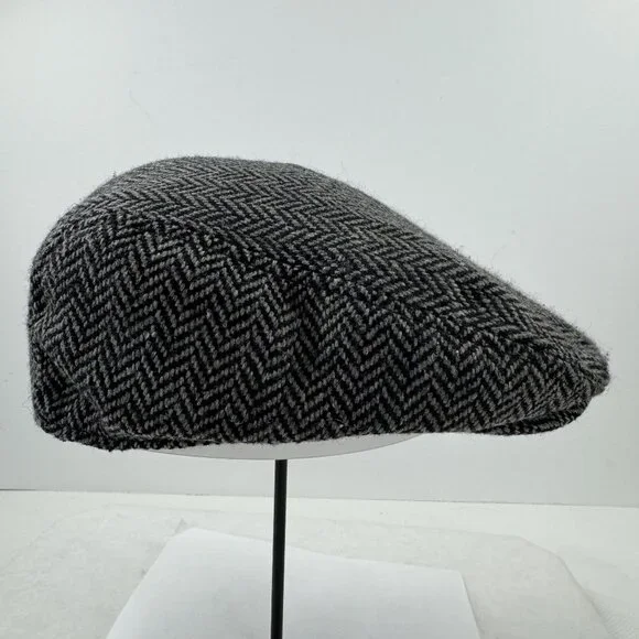 Chaps Mens Herringbone Flat Cap Newsboy Hat Wool Polyester Black Gray S/M - Picture 4 of 8